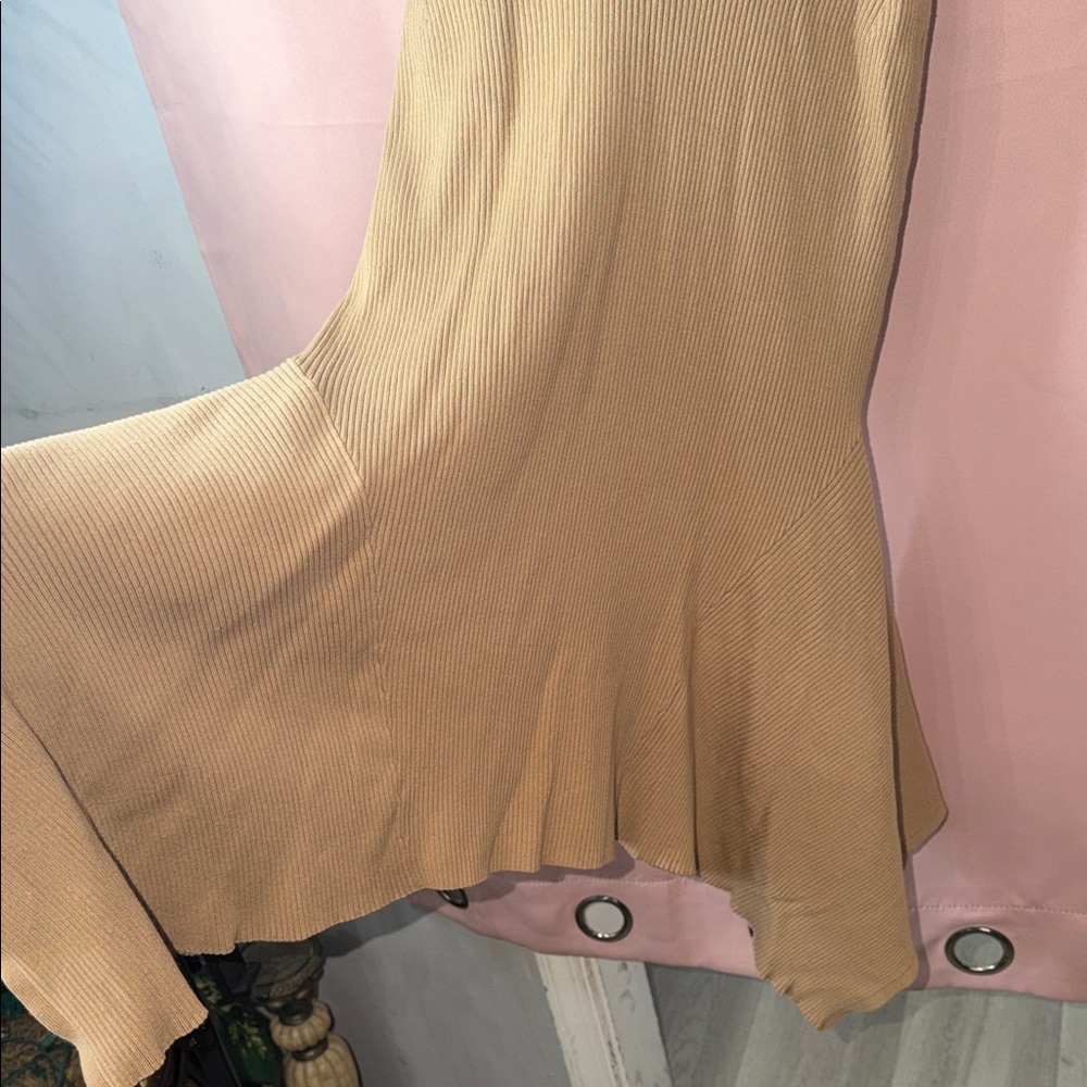 Sleeveless High-Neck Asymmetric Midi Dress in Camel - Picture 4 of 9